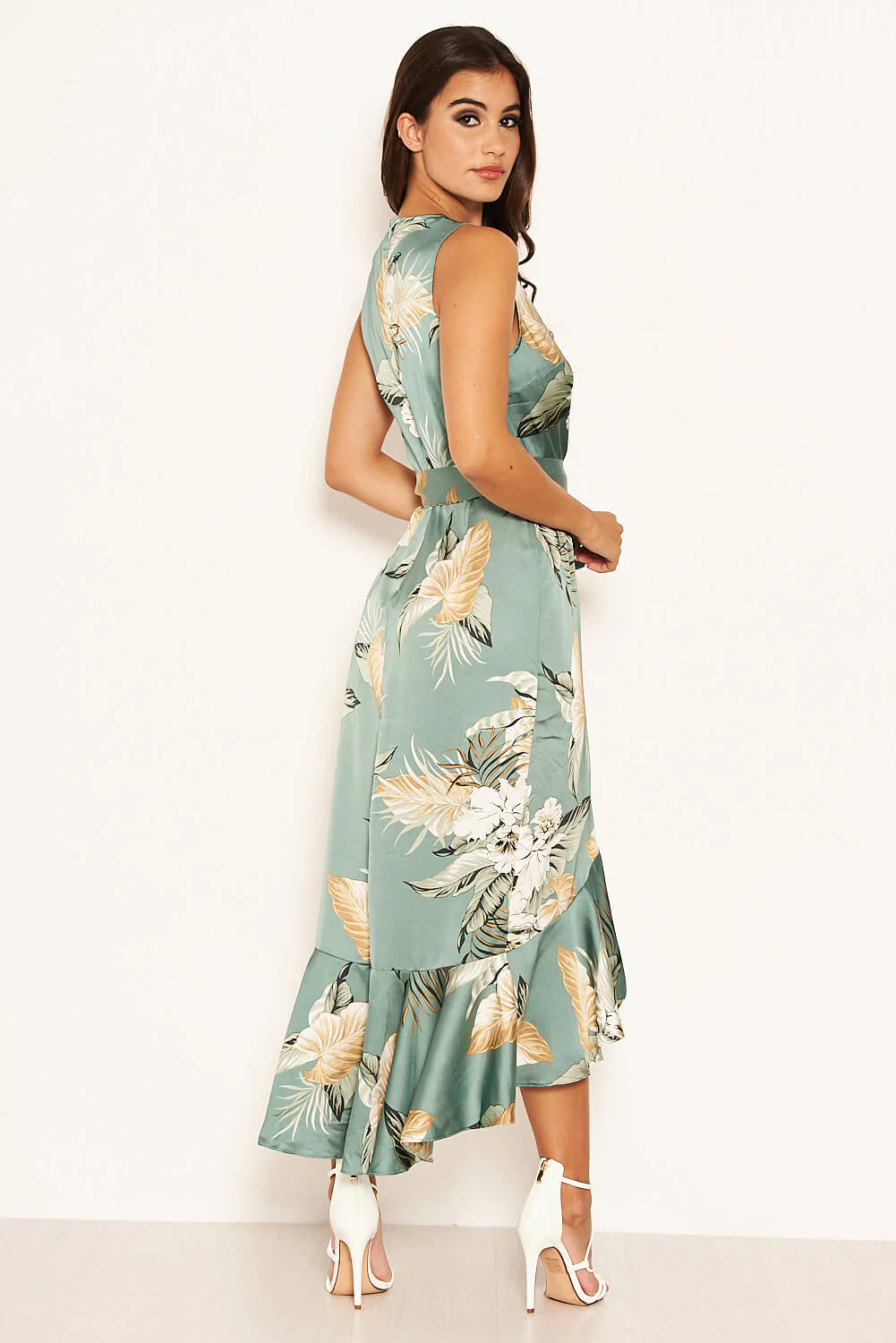Duck Egg Floral Satin Wrap Frill Dress - Image 8