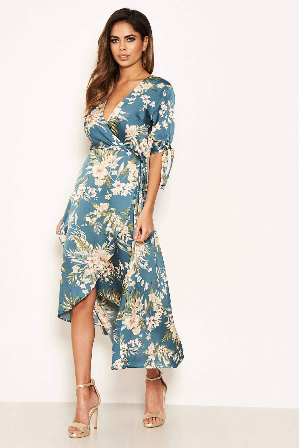 Duck Egg Floral Tie Sleeve Wrap Dress - Image 3