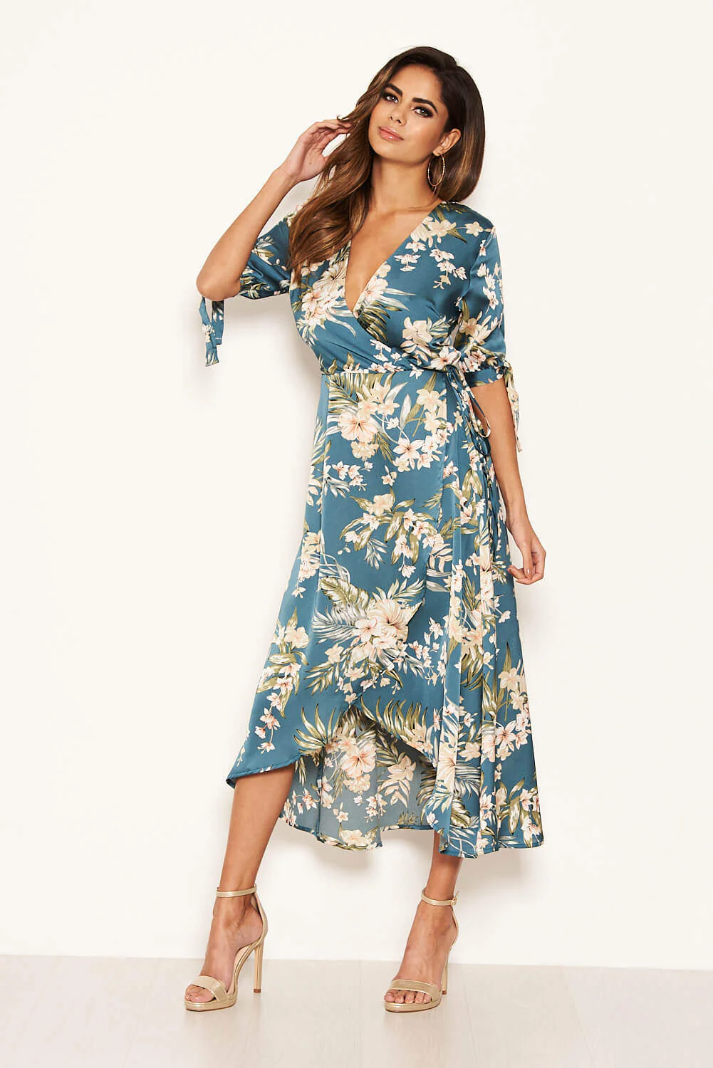Duck Egg Floral Tie Sleeve Wrap Dress - Image 6