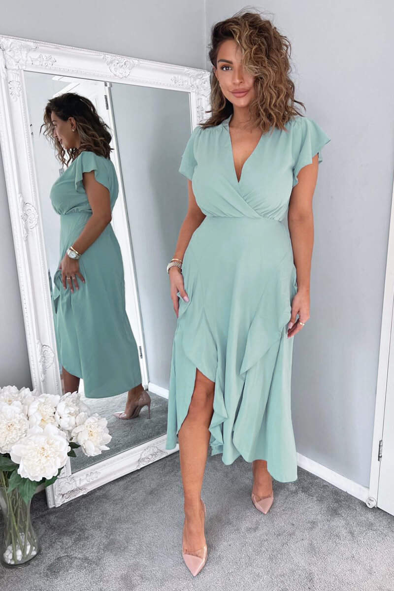 Duck Egg Frill Detail Double Split Skirt Midi Dress - Image 3