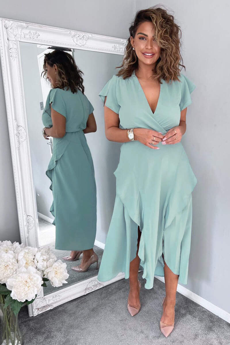 Duck Egg Frill Detail Double Split Skirt Midi Dress - Image 4