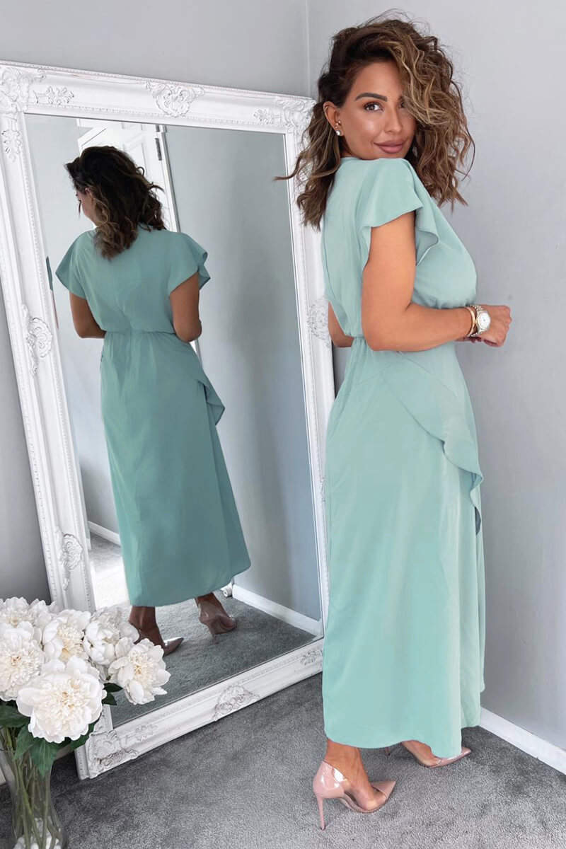 Duck Egg Frill Detail Double Split Skirt Midi Dress - Image 5