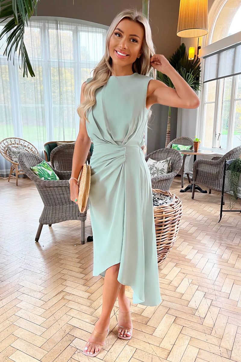 Duck Egg Gathered Midi Dress With Shoulder Pads - Image 2