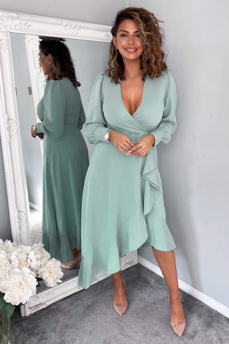 Duck Egg Long Sleeve Frill Wrap Midi Dress - Image 2