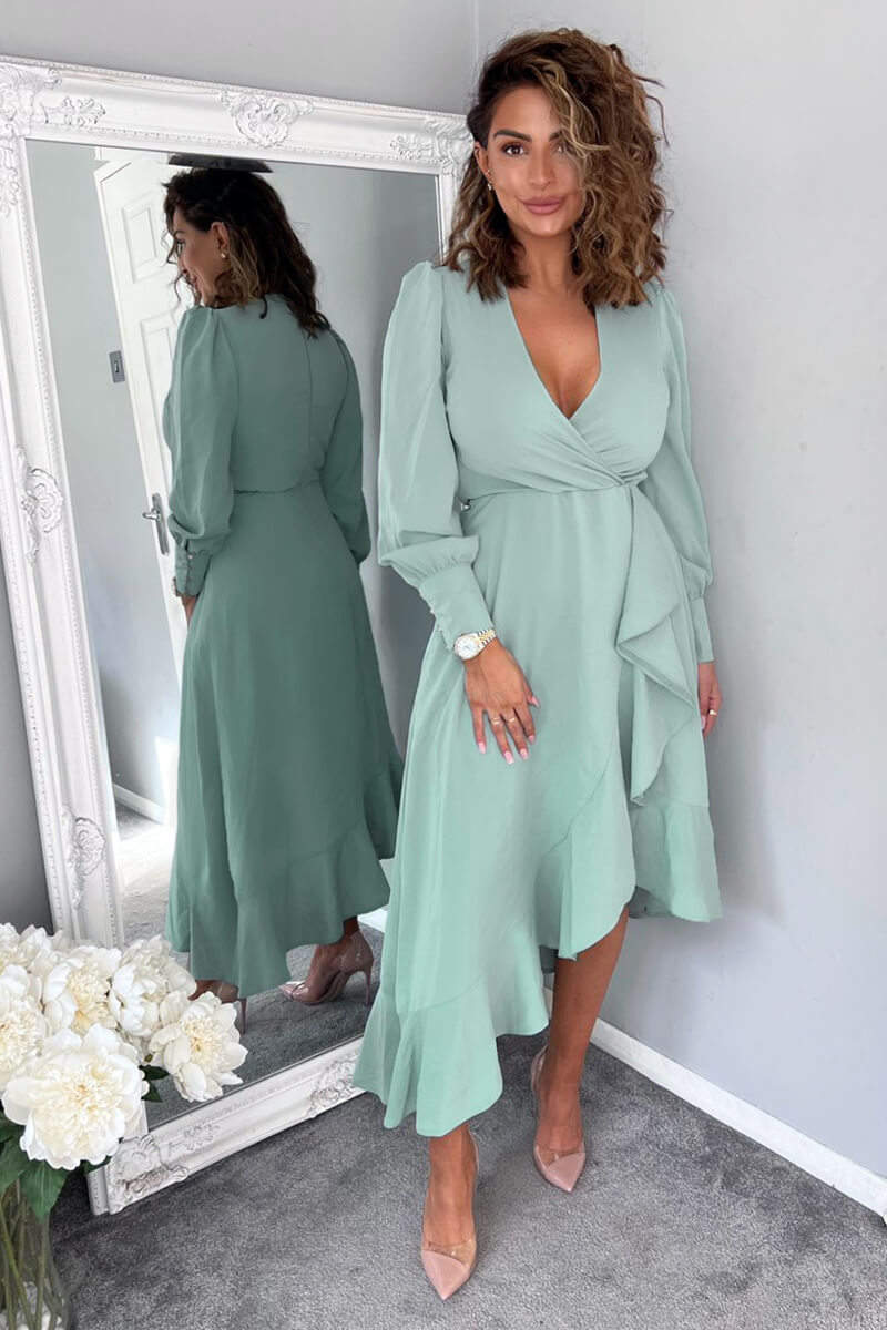 Duck Egg Long Sleeve Frill Wrap Midi Dress - Image 3