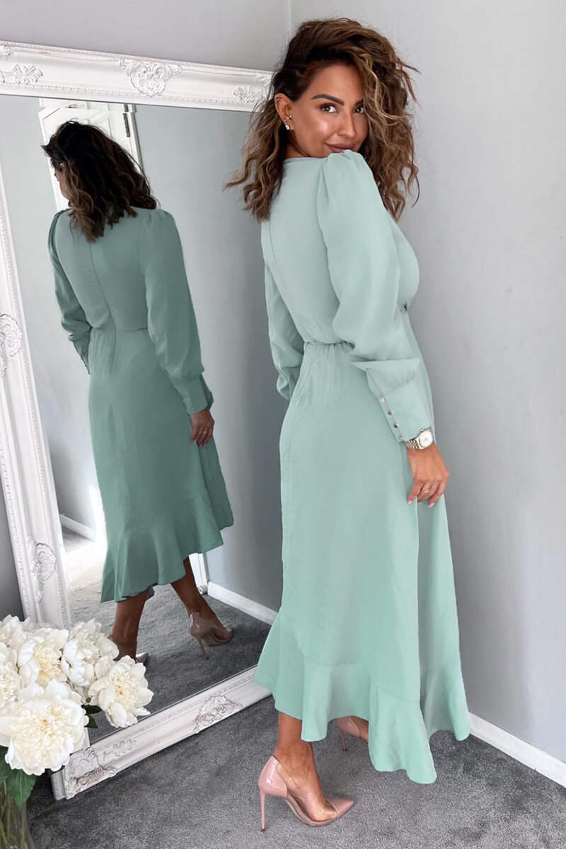 Duck Egg Long Sleeve Frill Wrap Midi Dress - Image 4