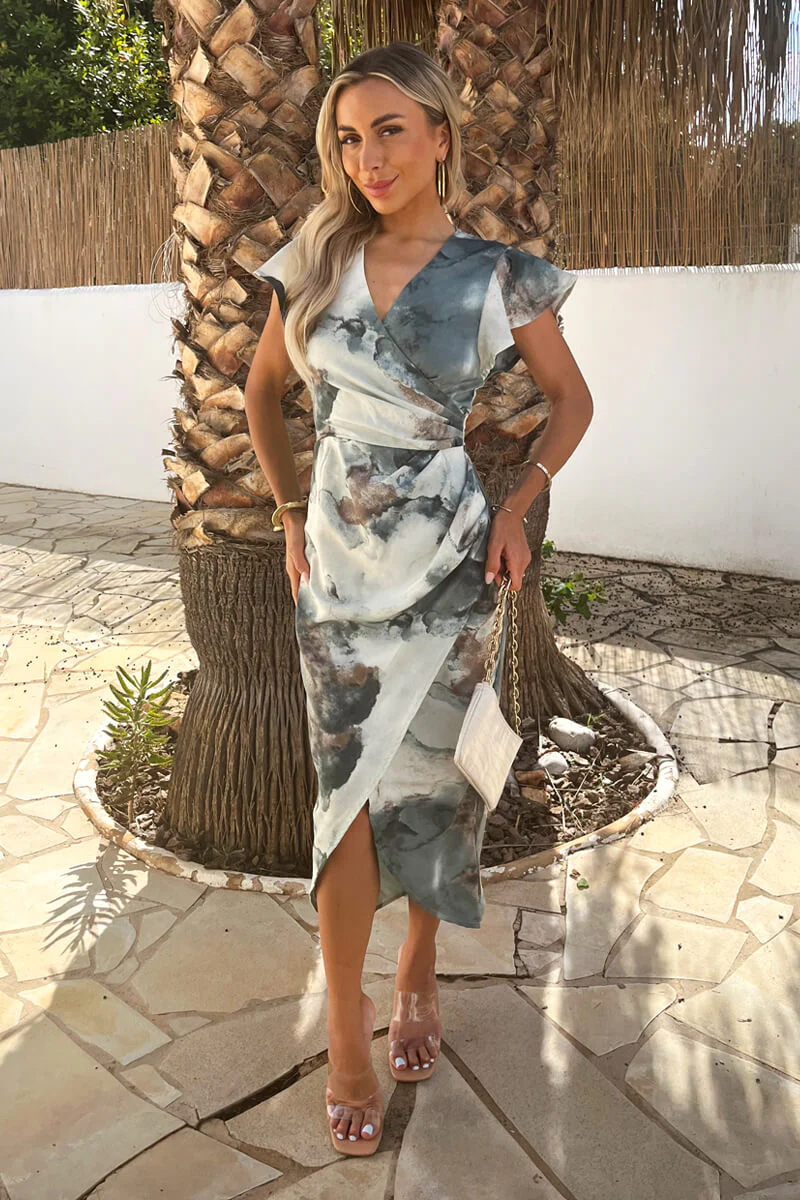 Duck Egg Marble Print Flutter Sleeve Wrap Midi Dress - Image 3