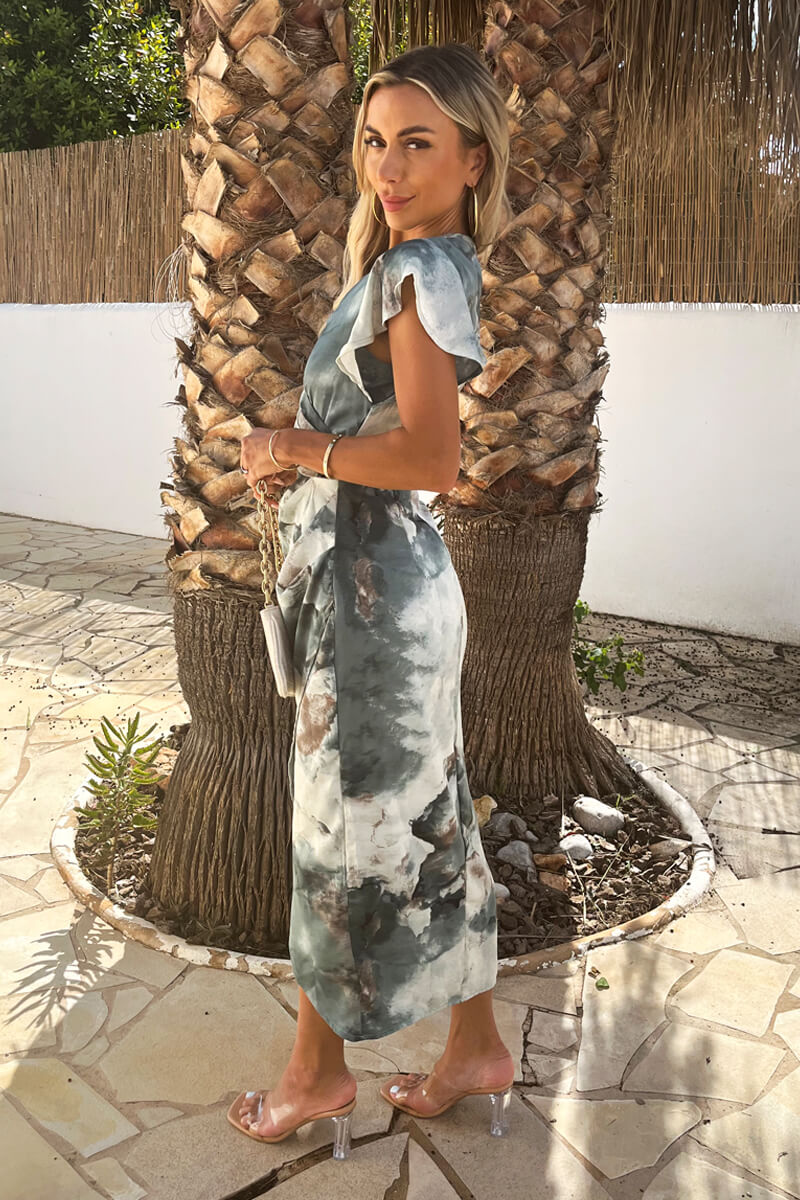 Duck Egg Marble Print Flutter Sleeve Wrap Midi Dress - Image 4