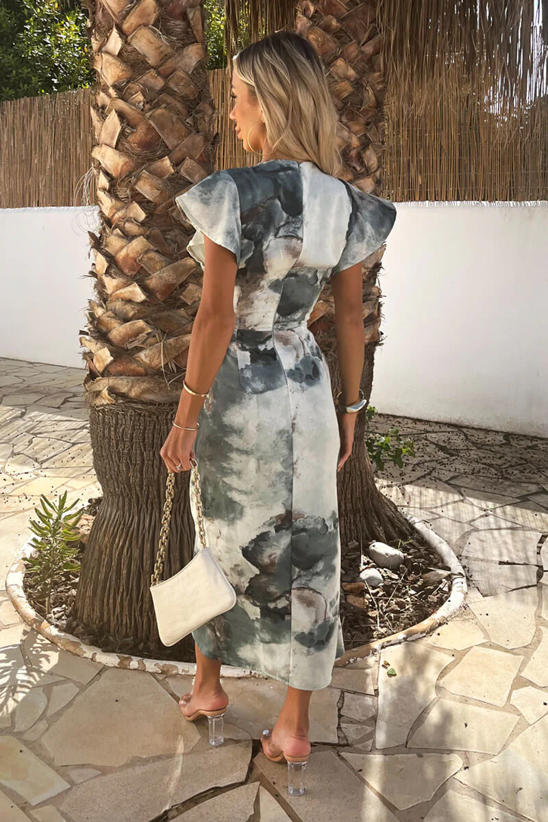 Duck Egg Marble Print Flutter Sleeve Wrap Midi Dress - Image 5