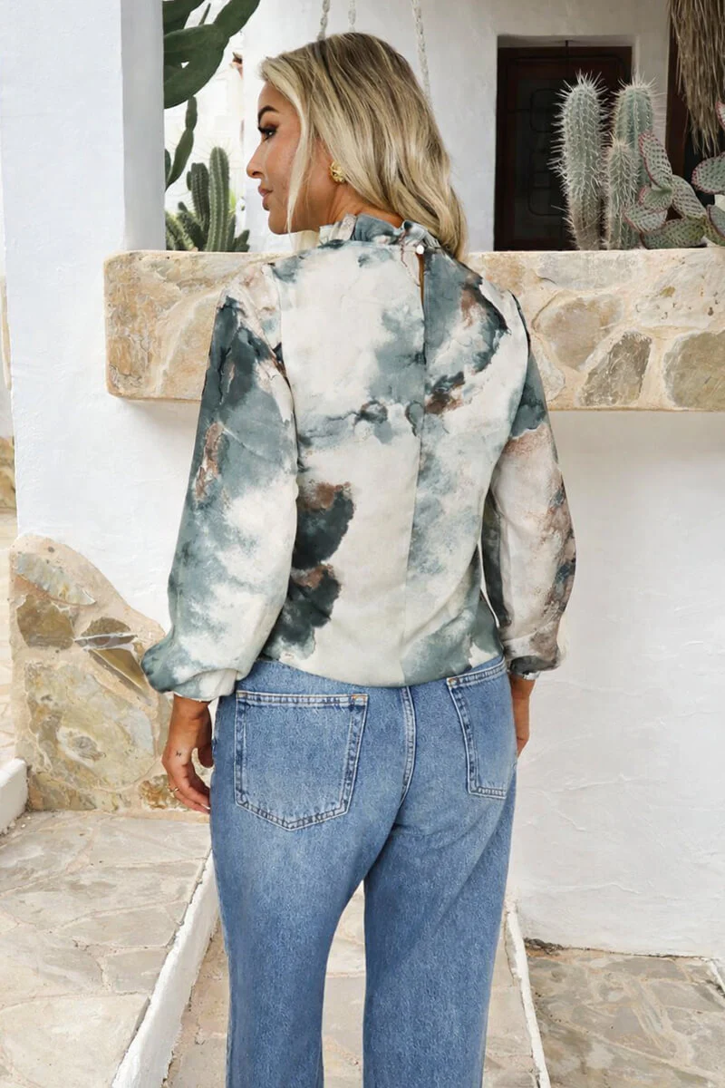 Duck Egg Marble Print Long Sleeve Ruffle Neck Top - Image 5