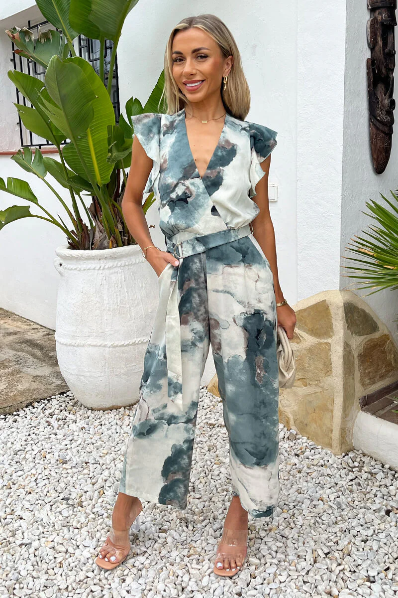Duck Egg Marble Print Wrap Top Belted Jumpsuit - Image 3