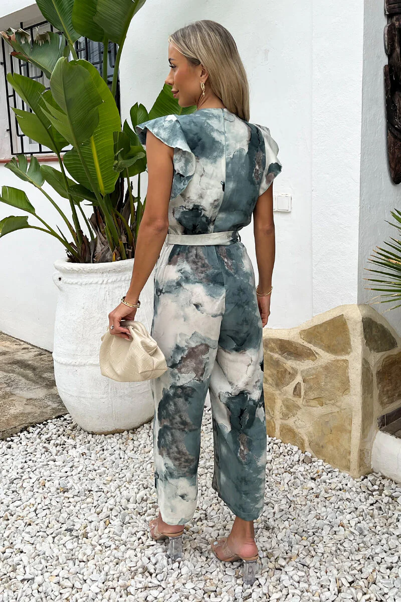 Duck Egg Marble Print Wrap Top Belted Jumpsuit - Image 5