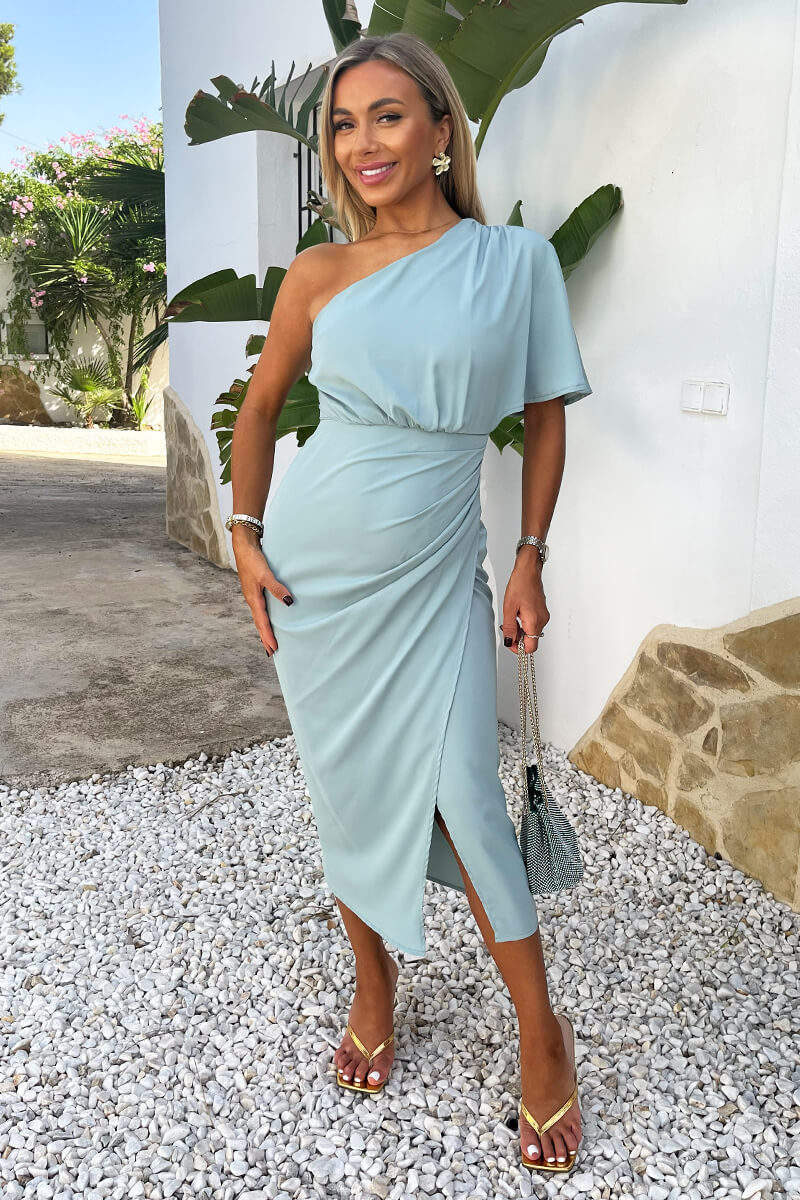 Duck Egg One Shoulder Butterfly Sleeve Wrap Midi Dress - Image 3