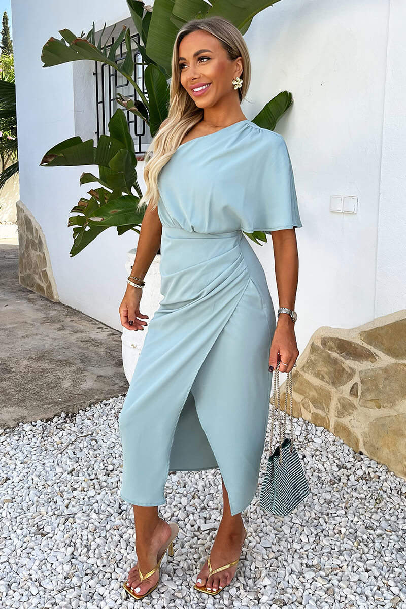 Duck Egg One Shoulder Butterfly Sleeve Wrap Midi Dress - Image 4