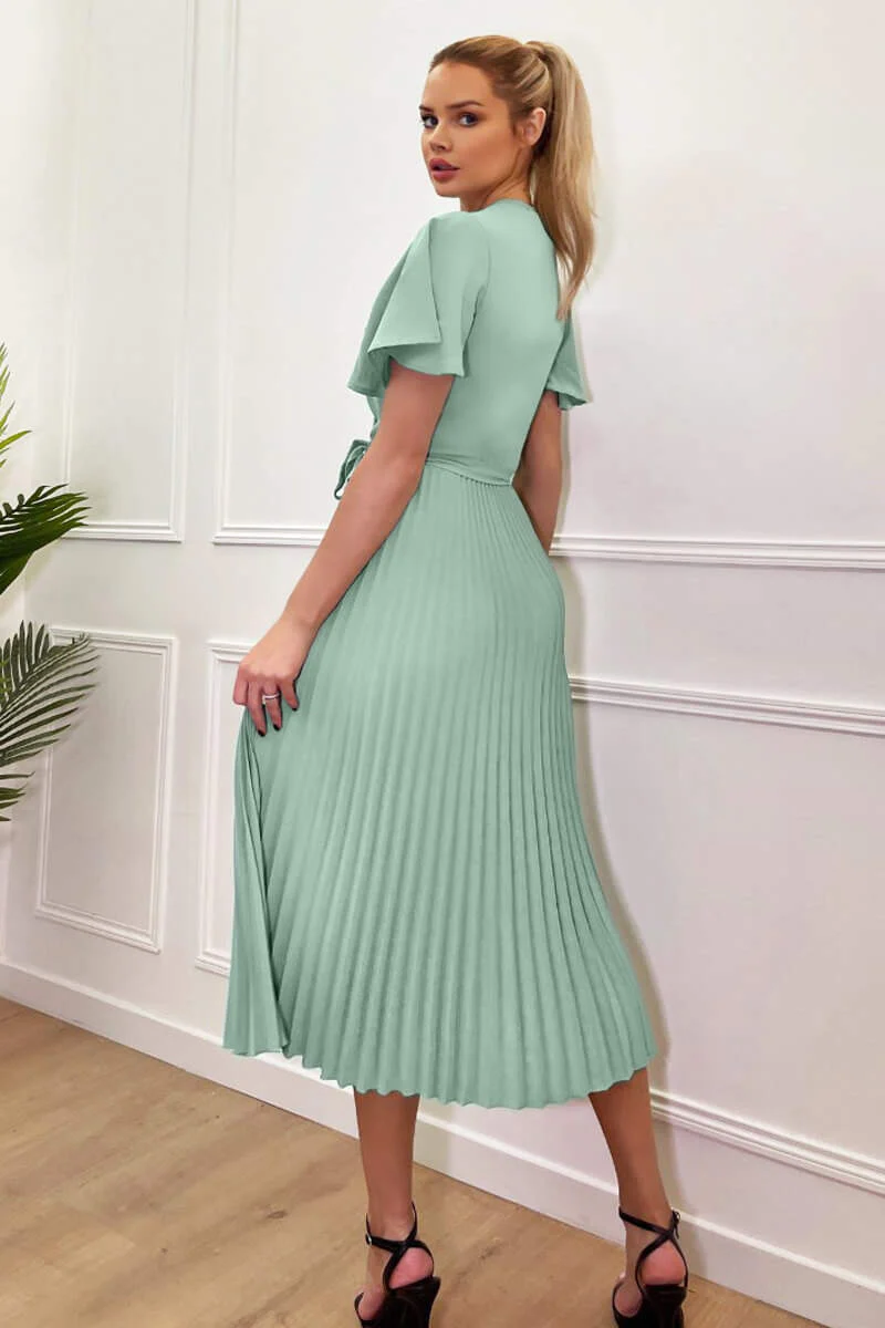 Duck Egg Pleated Midi Dress with Tie Waist - Image 2
