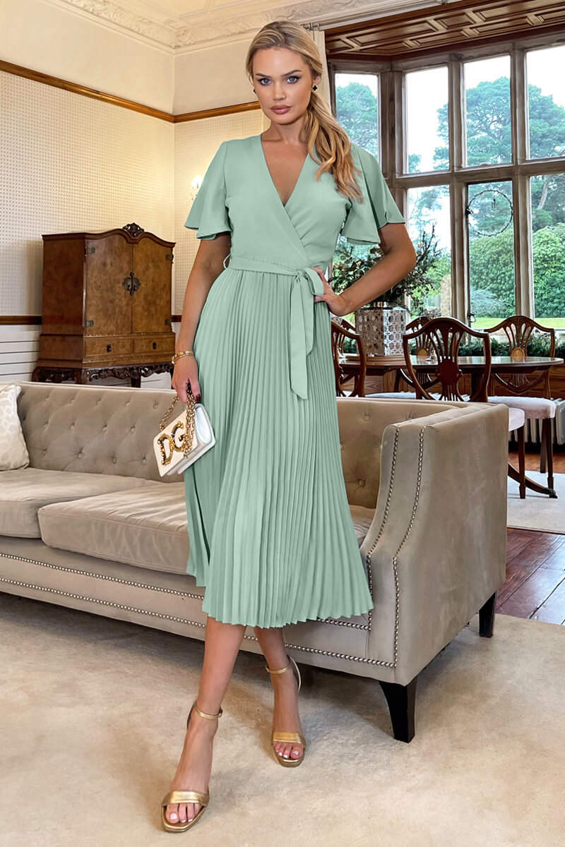 Duck Egg Pleated Midi Dress with Tie Waist - Image 3