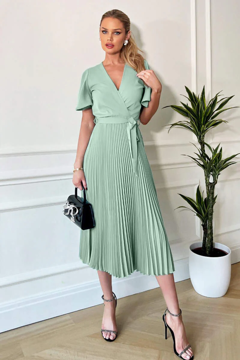 Duck Egg Pleated Midi Dress with Tie Waist - Image 4