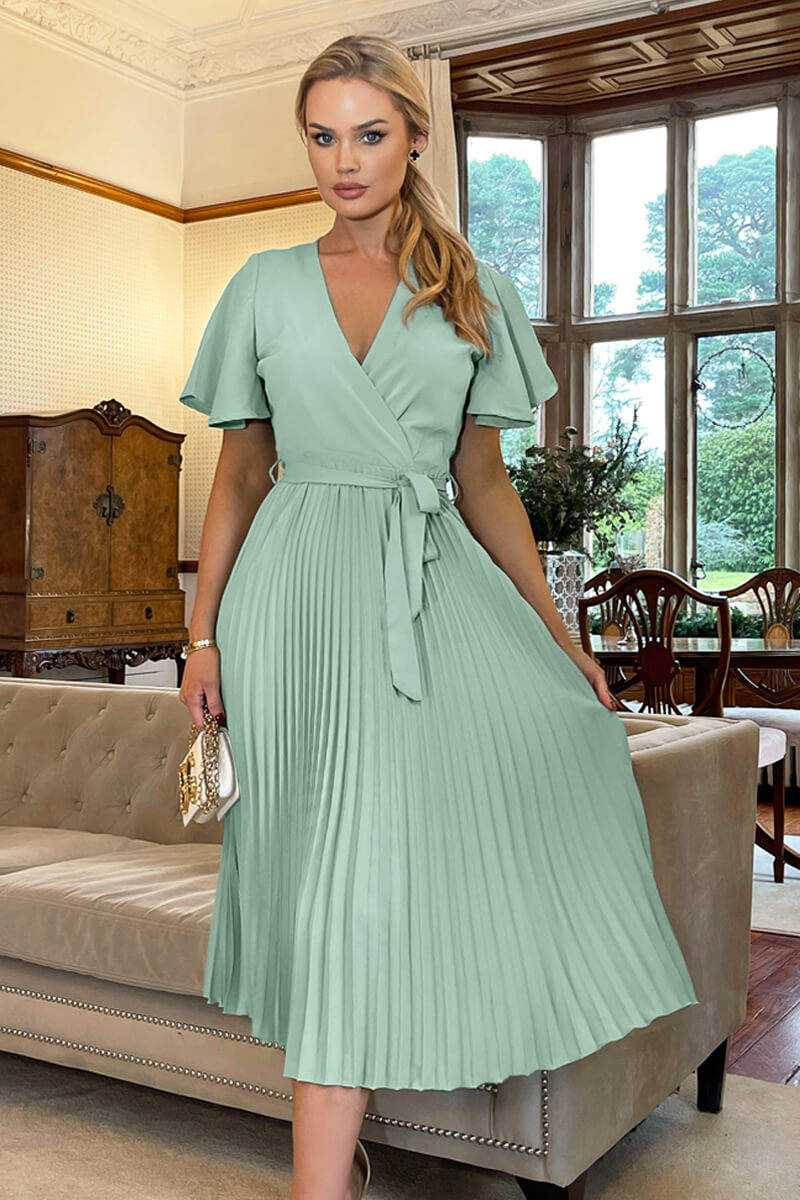 Duck Egg Pleated Midi Dress with Tie Waist - Image 5