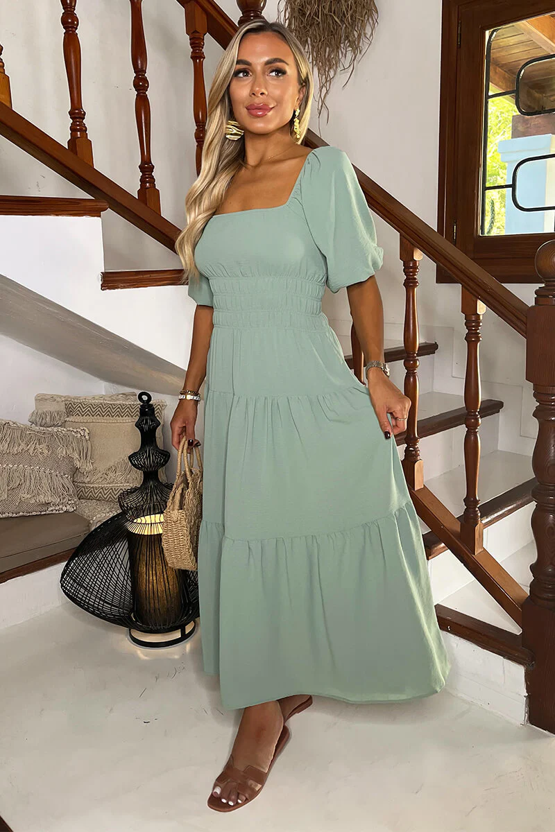 Duck Egg Puff Sleeve Shirred Waist Smock Midi Dress - Image 2