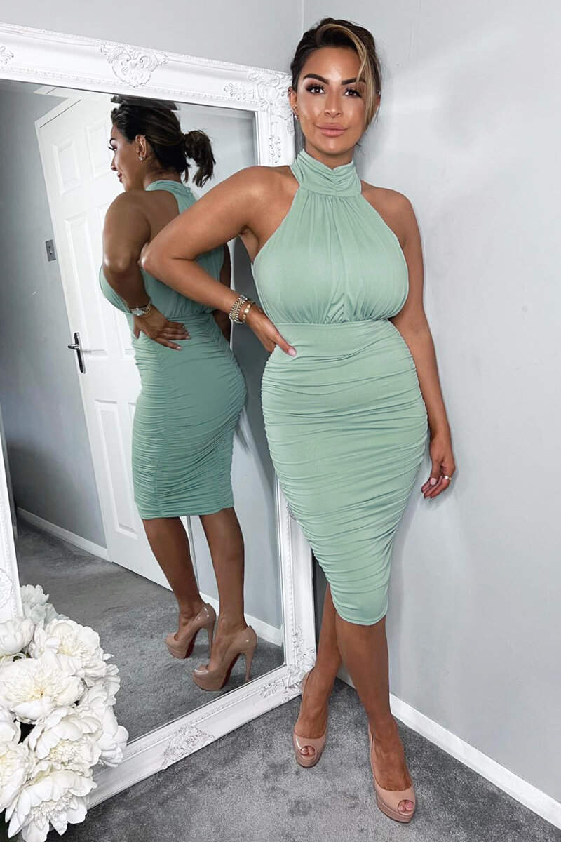 Duck Egg Ruched High Neck Midi Dress - Image 3
