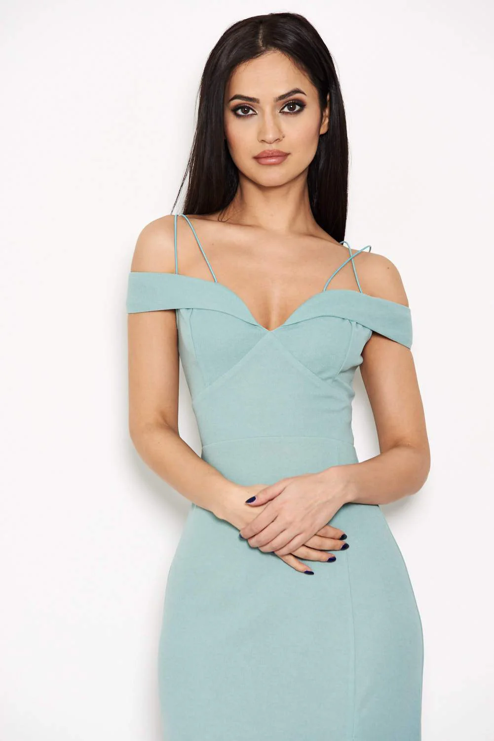 Duck Egg Strappy Off The Shoulder Side Split Maxi Dress - Image 5