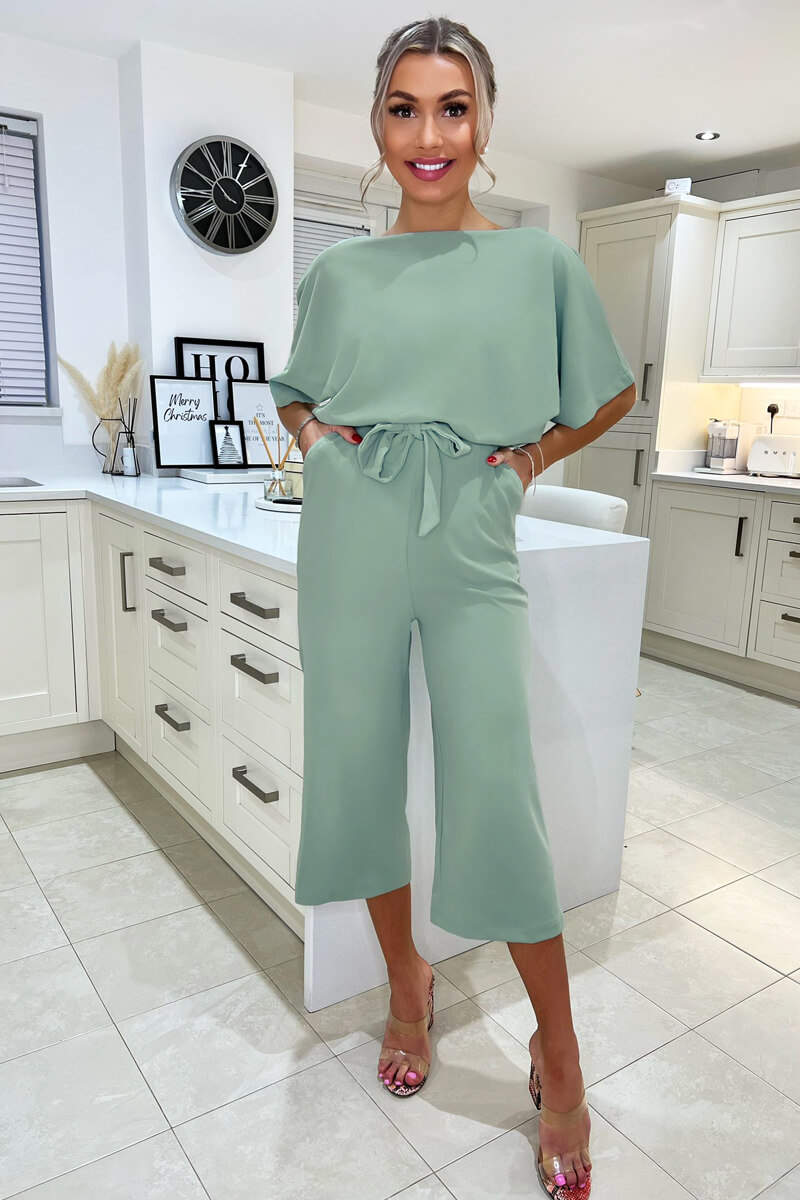 Duck Egg Tie Waist Short Sleeve Culotte Jumpsuit - Image 2