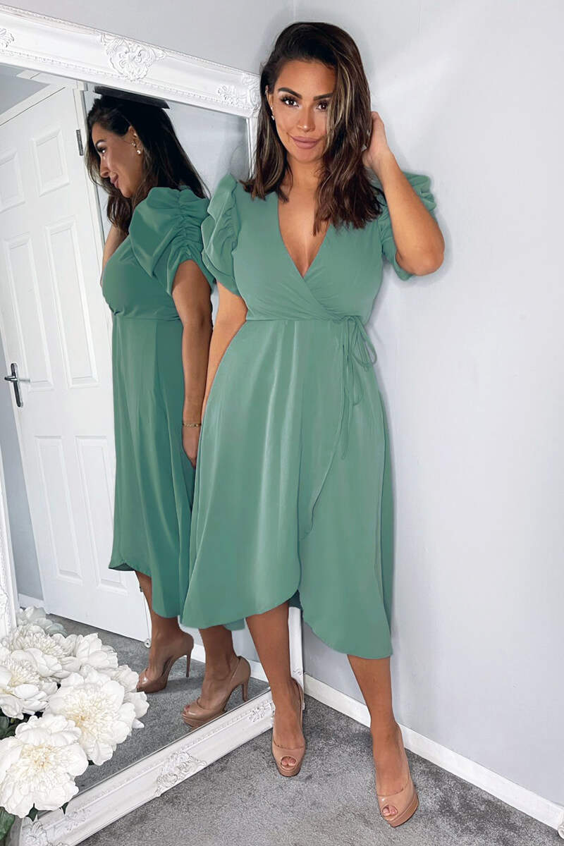 Duck Egg Wrap Over Tie Midi Dress - Image 3