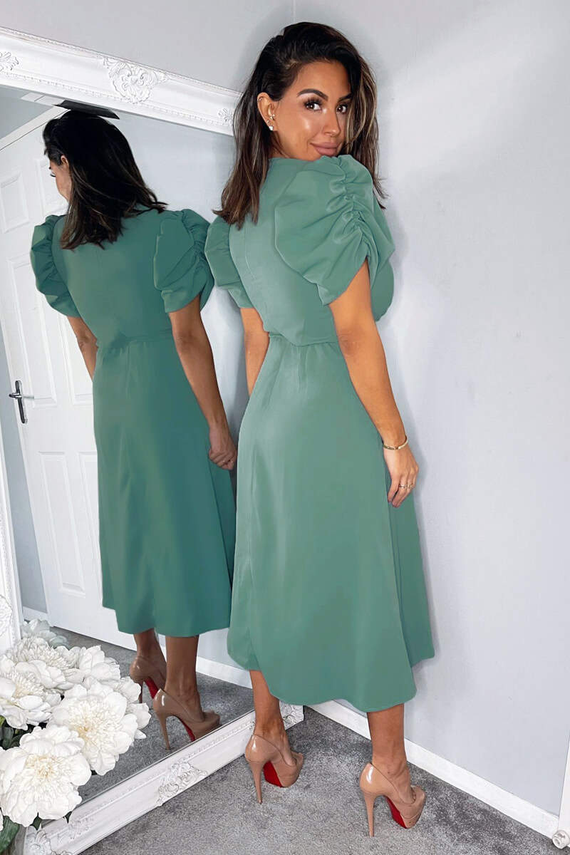 Duck Egg Wrap Over Tie Midi Dress - Image 4