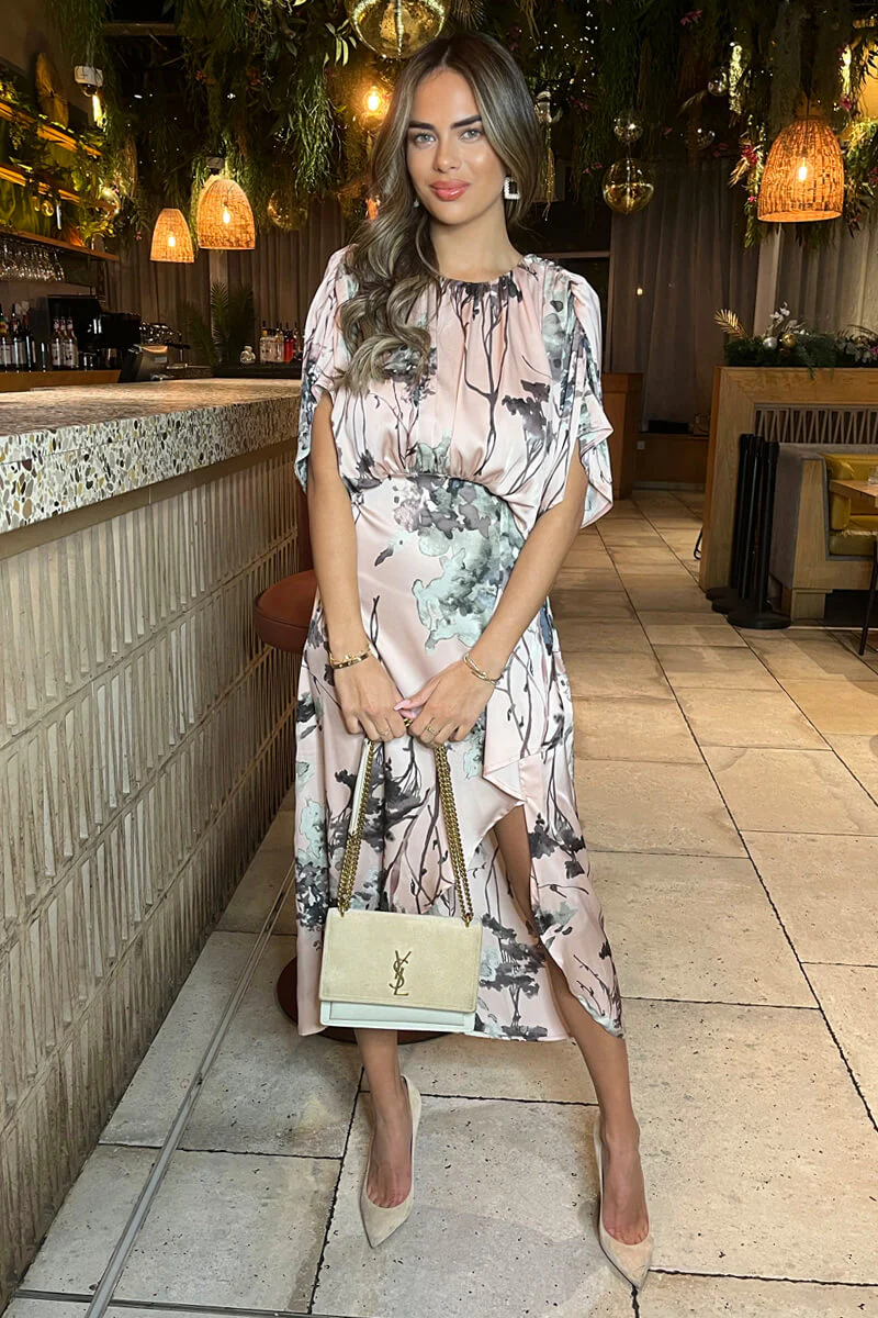 Dusty Pink Printed Batwing Top Wrap Skirt Midi Dress - Image 3