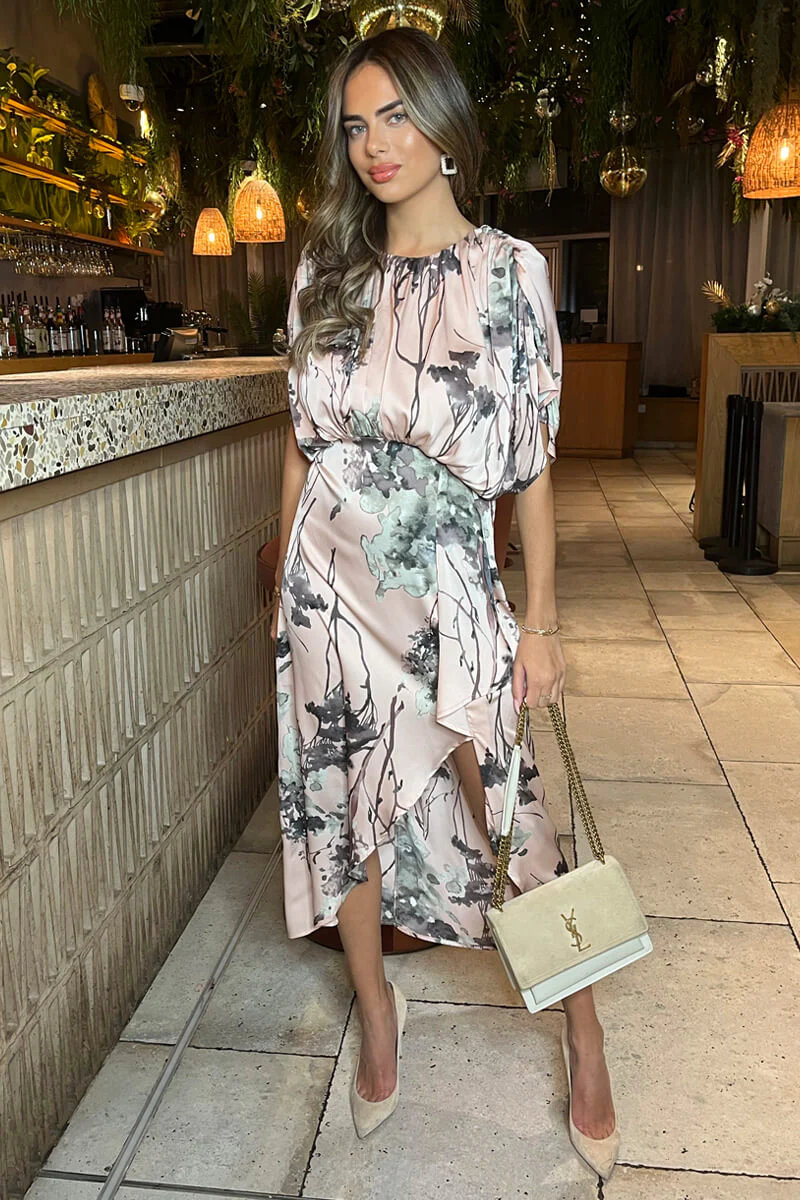 Dusty Pink Printed Batwing Top Wrap Skirt Midi Dress - Image 4
