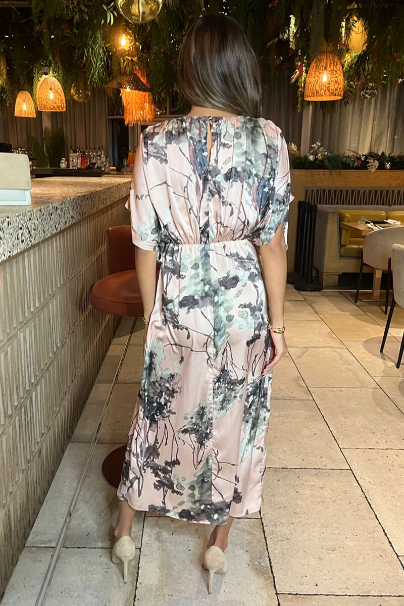 Dusty Pink Printed Batwing Top Wrap Skirt Midi Dress - Image 5
