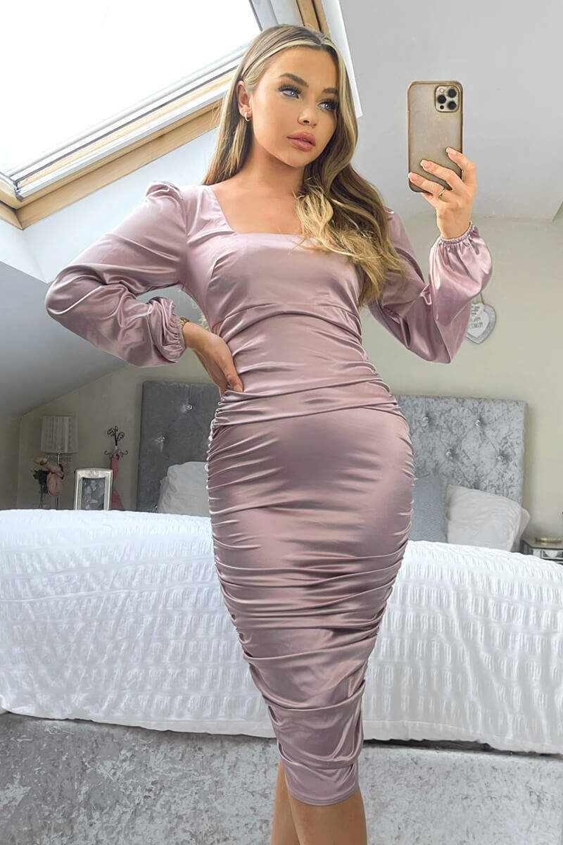 Dusty Pink Satin Square Neck Ruched Dress - Image 2
