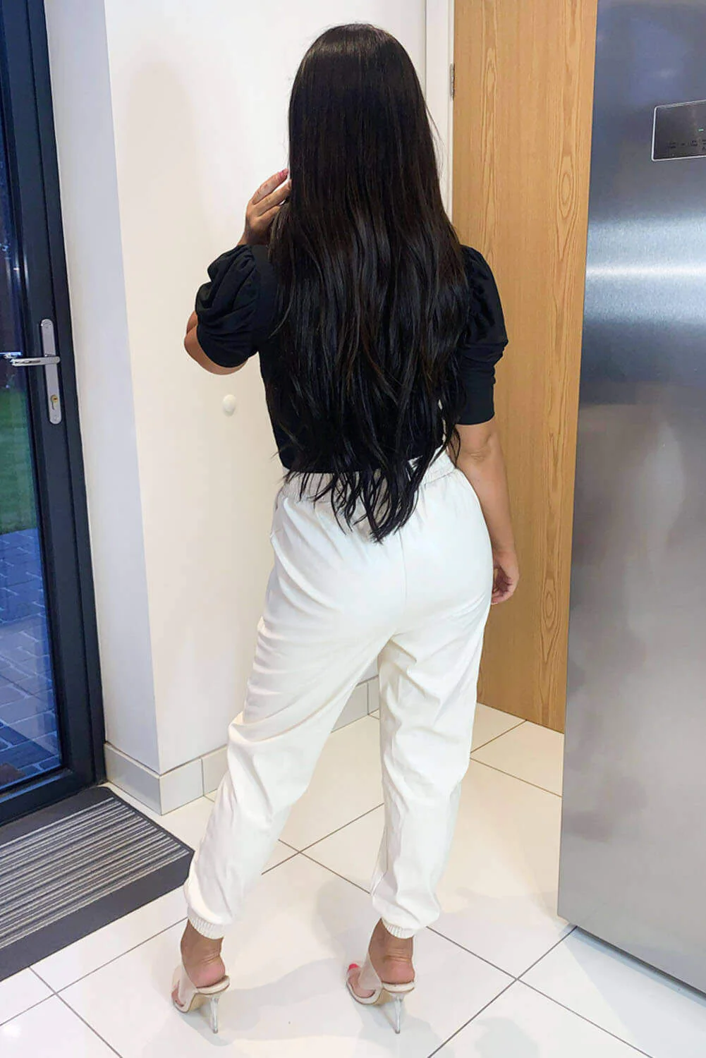Ecru Faux Leather Joggers - Image 3
