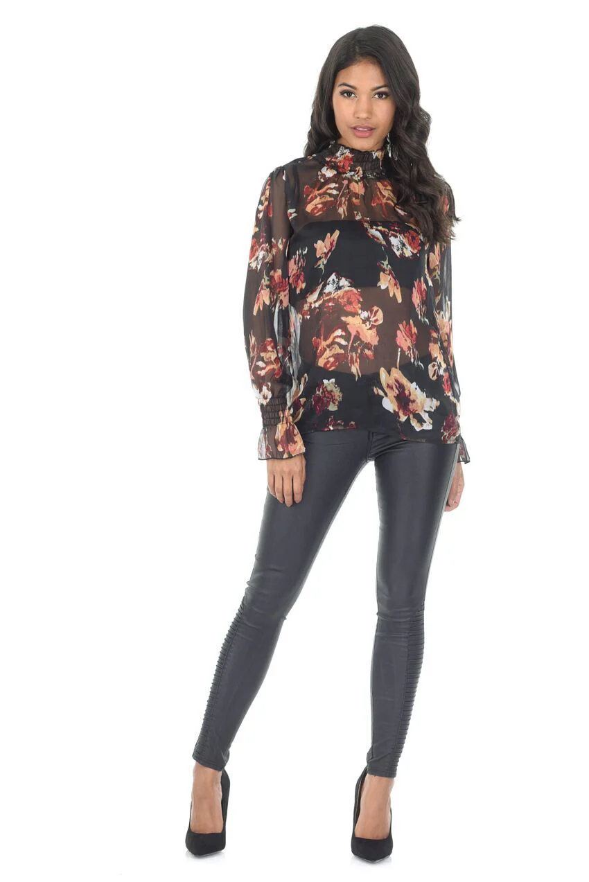 Floral Frill Black High Neck Top - Image 2
