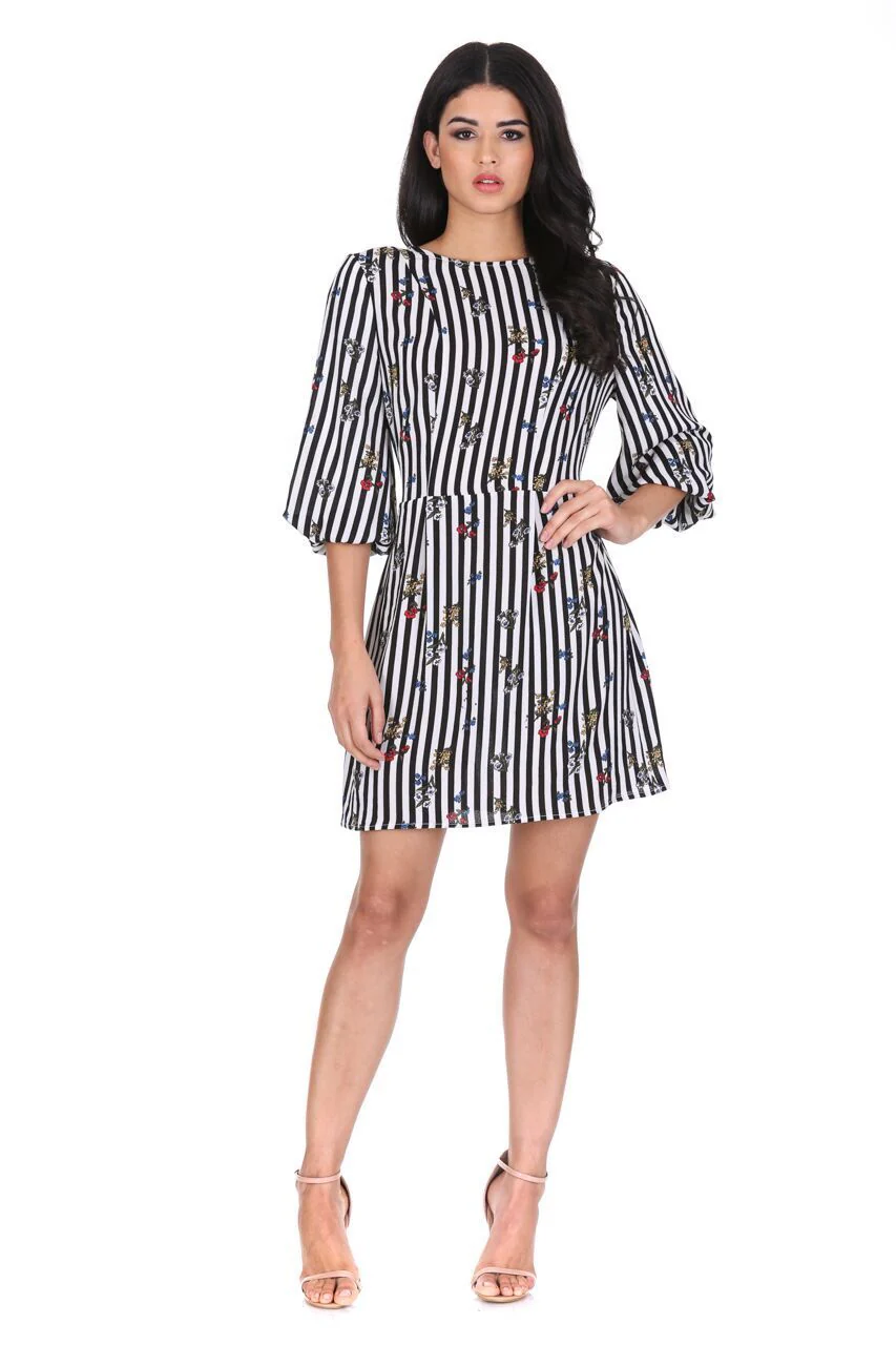 Floral Pinstripe Bell Sleeve Skater Dress - Image 2