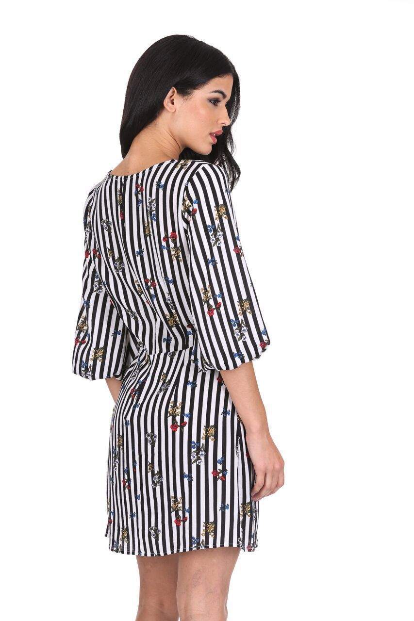 Floral Pinstripe Bell Sleeve Skater Dress - Image 3
