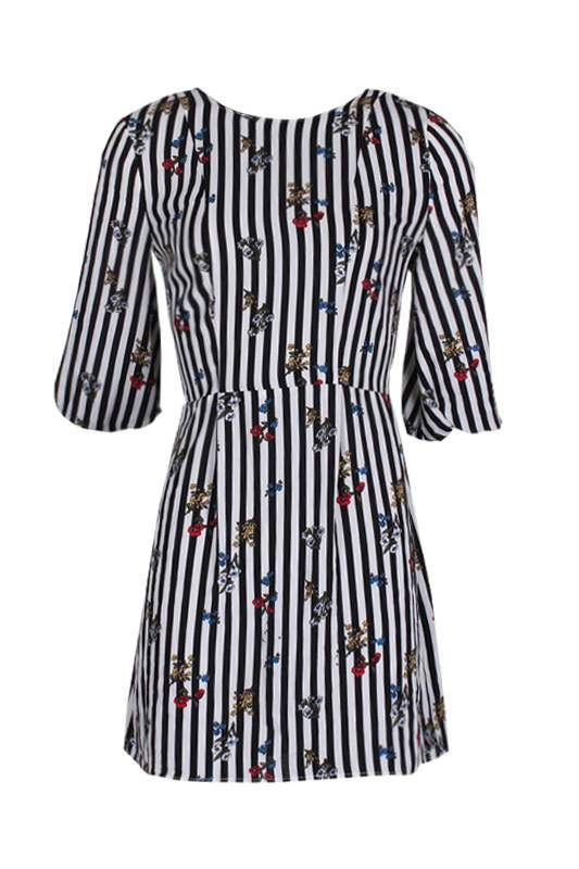 Floral Pinstripe Bell Sleeve Skater Dress - Image 4