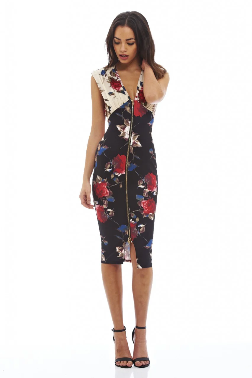 Flower Print Bodycon Zip Dress - Image 2