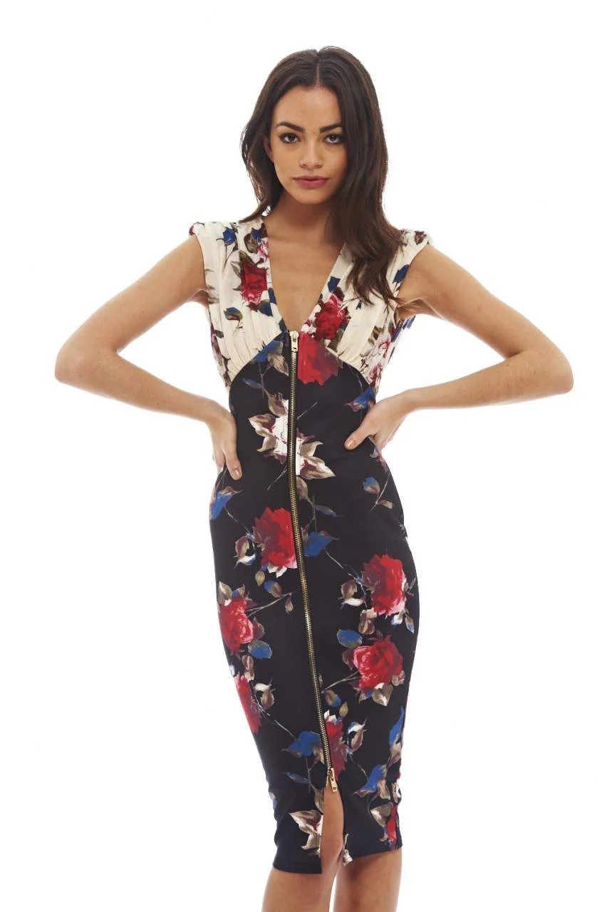 Flower Print Bodycon Zip Dress - Image 3