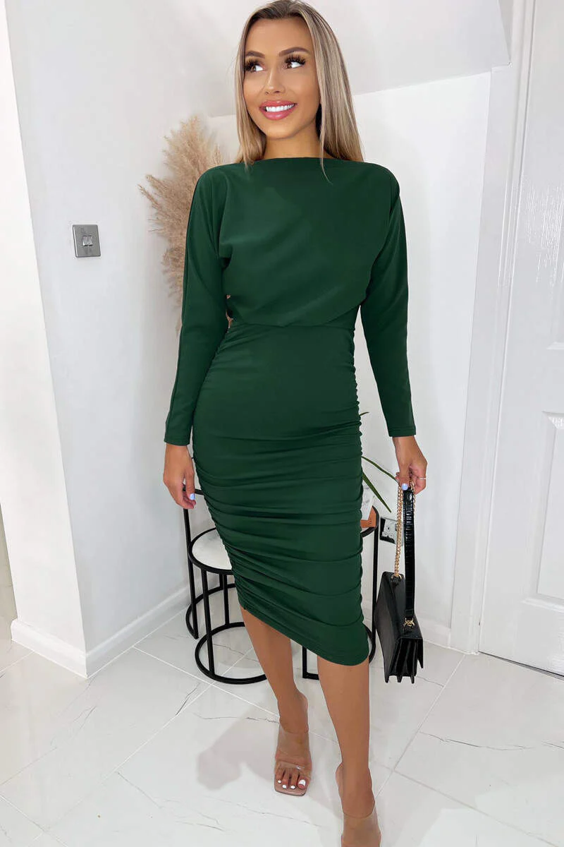Forest Wide Neck Ruched Bodycon Dress - Image 3