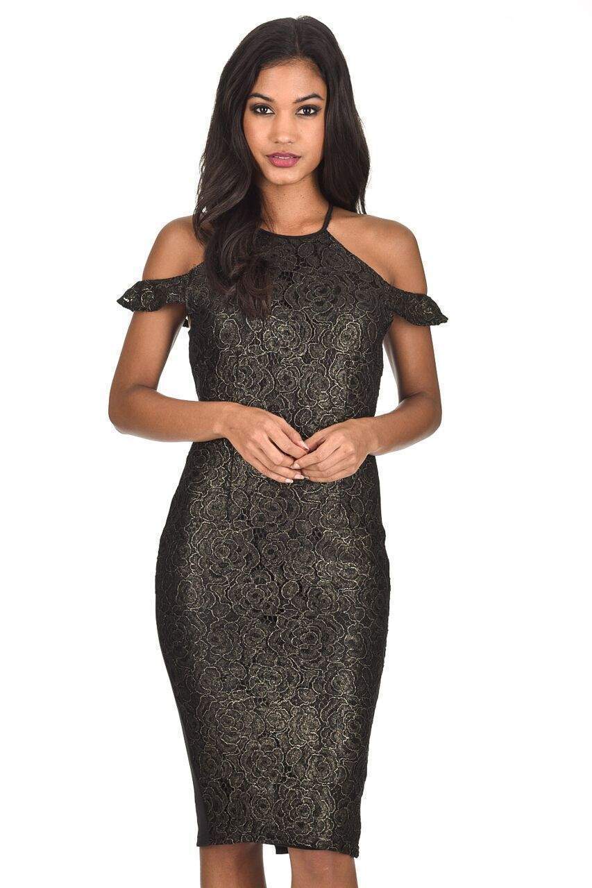 Gold Capped Sleeve Embroidery Bodycon Dress - Image 5