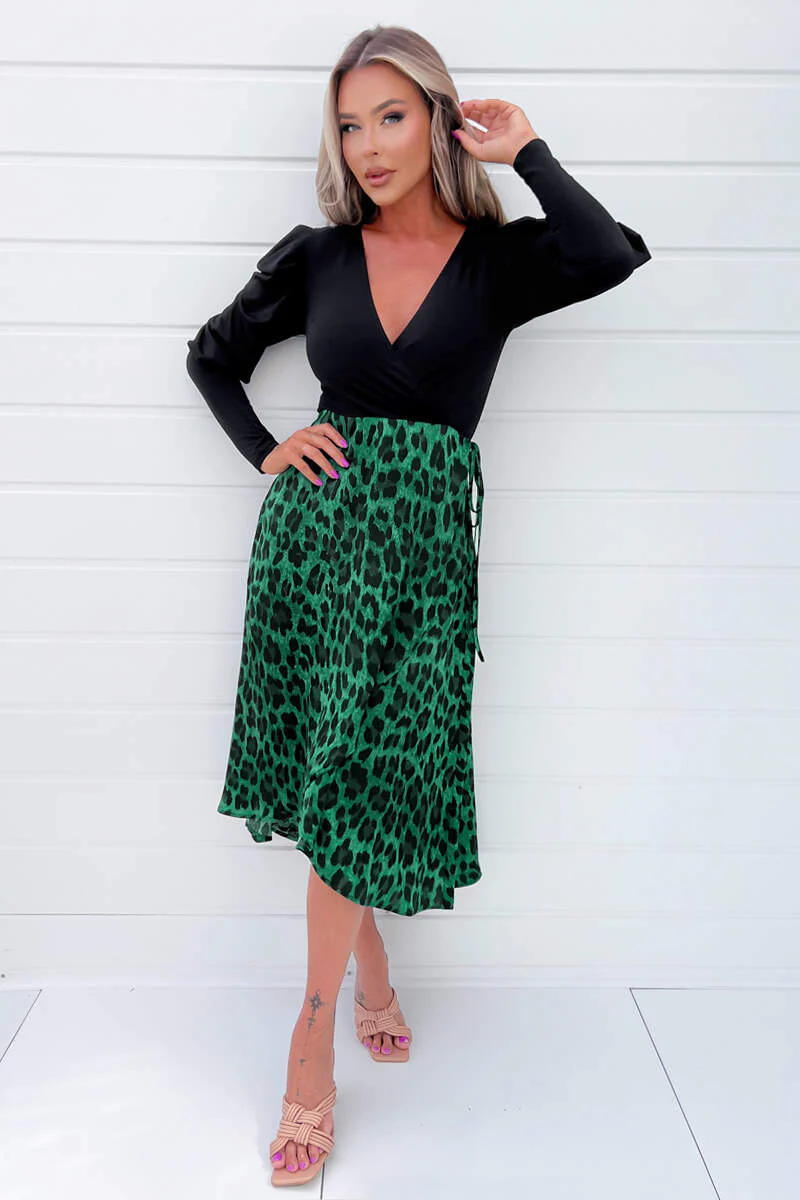 Green And Black Animal Print 2 In 1 Long Sleeve Wrap Midi Dress - Image 2
