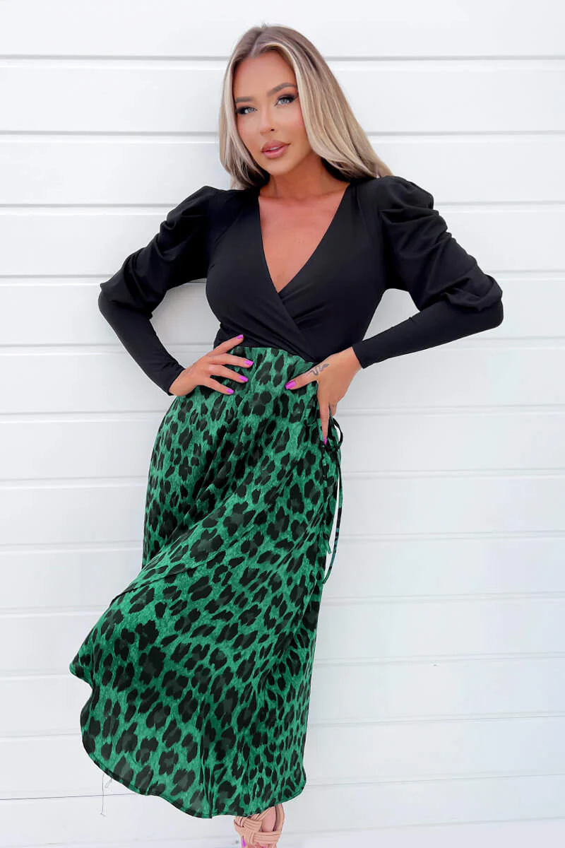 Green And Black Animal Print 2 In 1 Long Sleeve Wrap Midi Dress - Image 3