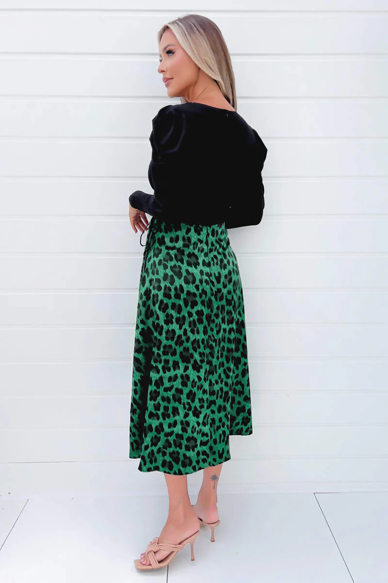 Green And Black Animal Print 2 In 1 Long Sleeve Wrap Midi Dress - Image 4