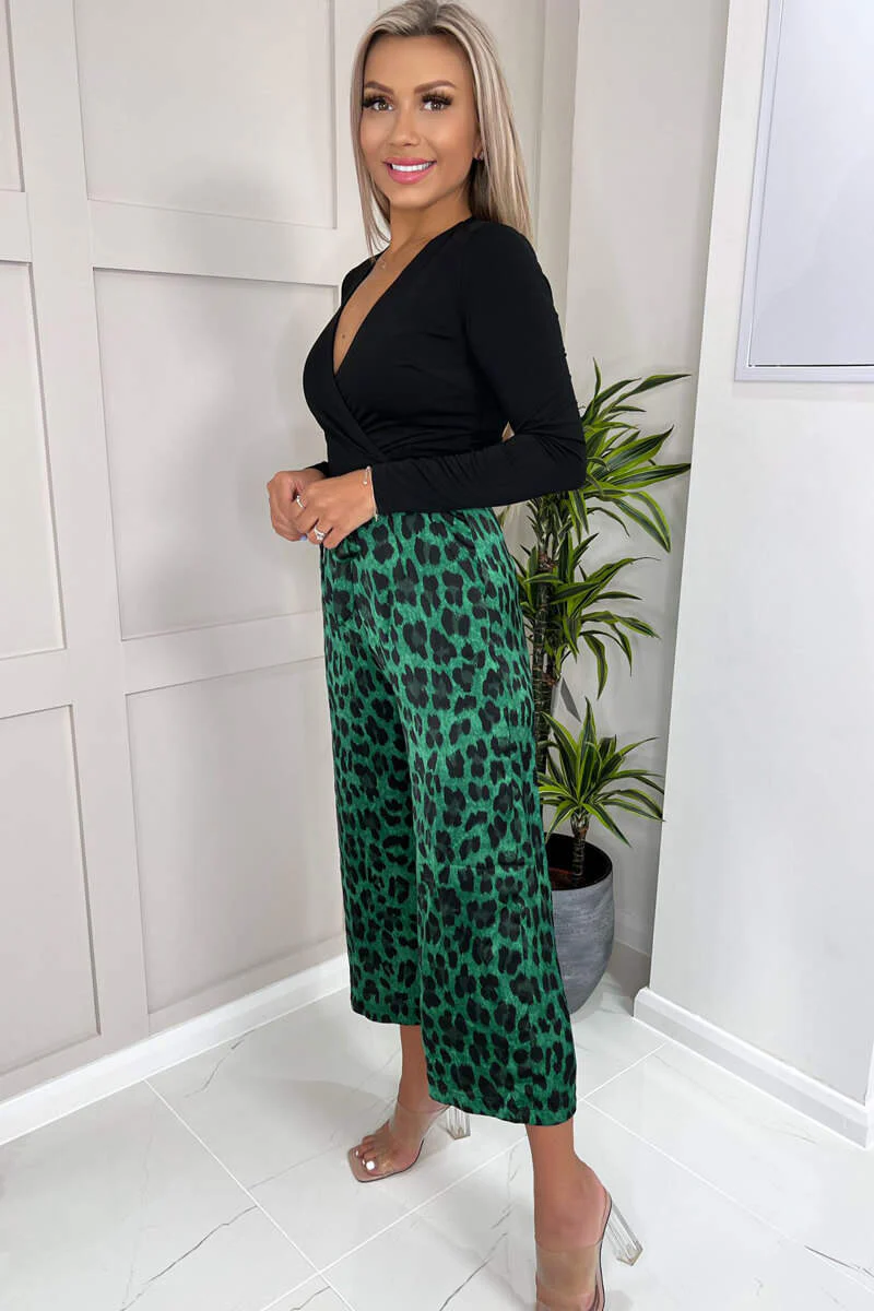Green And Black Animal Print Long Sleeve 2 In 1 Jumpsuit - Image 2