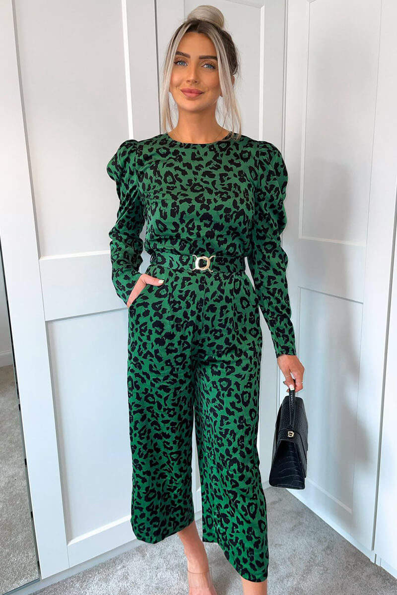 Green And Black Animal Print Long Sleeve Belted Jumpsuit - Image 2