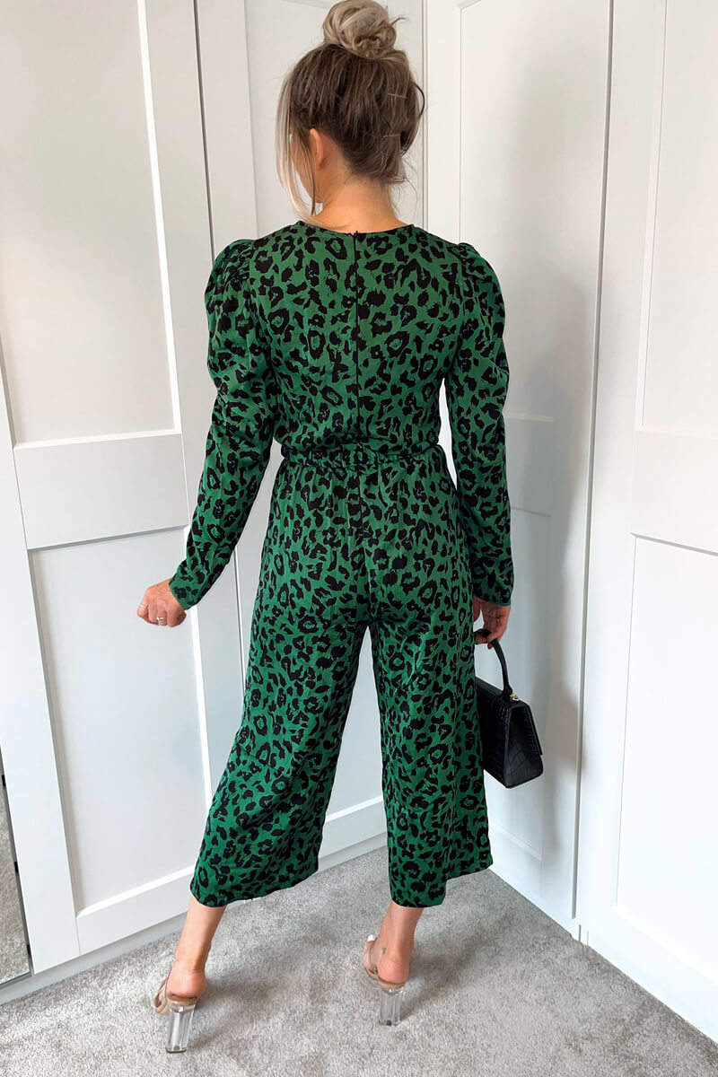 Green And Black Animal Print Long Sleeve Belted Jumpsuit - Image 4