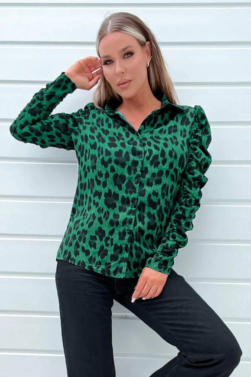 Green and Black Animal Print Ruched Sleeve Shirt - Image 2