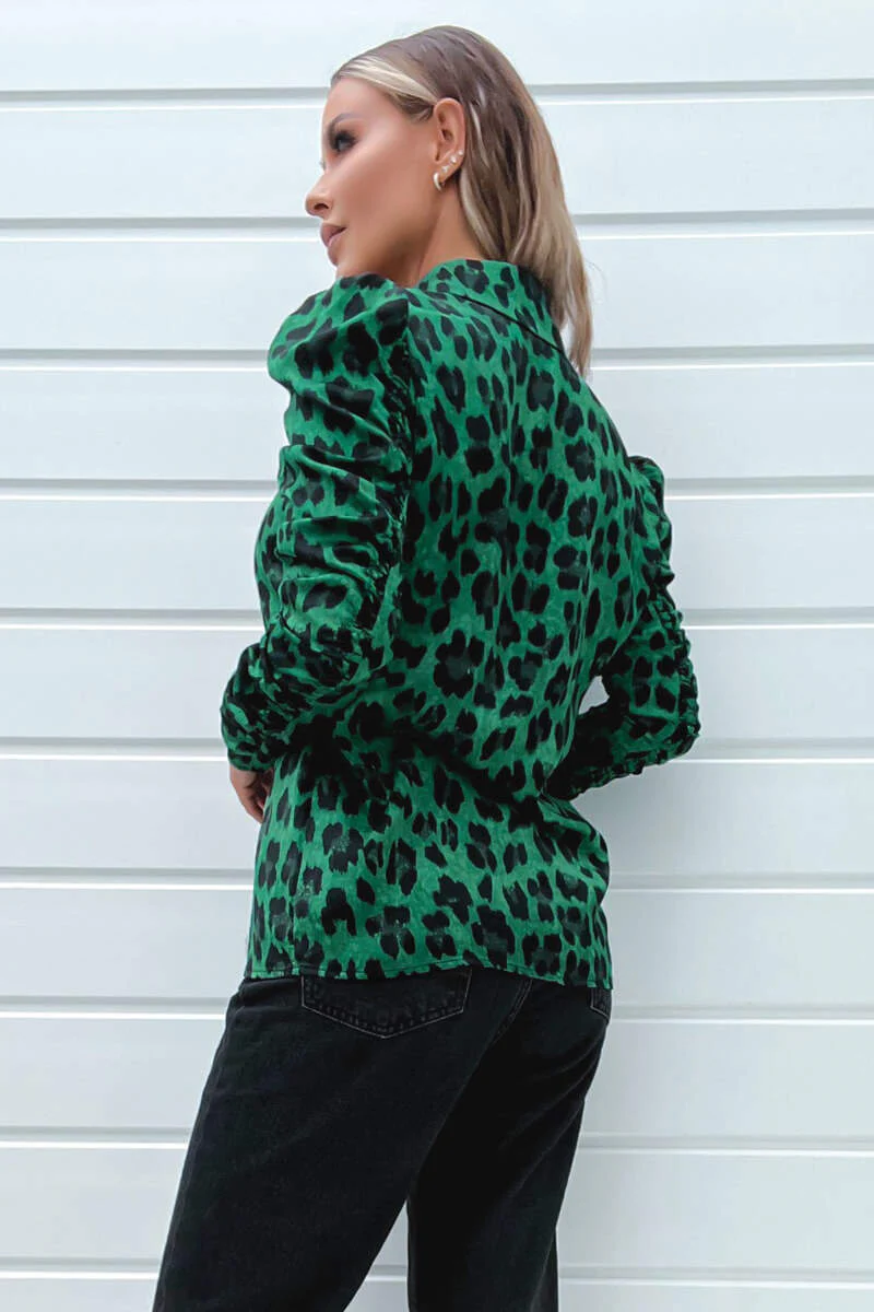 Green and Black Animal Print Ruched Sleeve Shirt - Image 3