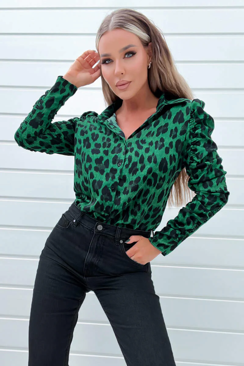 Green and Black Animal Print Ruched Sleeve Shirt - Image 4